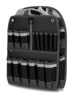 an open black and white bag with multiple compartments