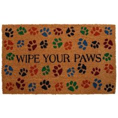 a door mat that says wipe your paws with colorful paw prints on the front and side