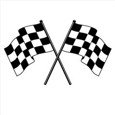 two crossed checkered flags waving in the wind on a white background, black and white illustration