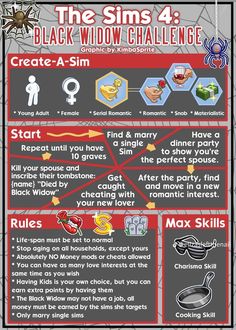 a poster with instructions on how to use the sims 4 black widow challenge game