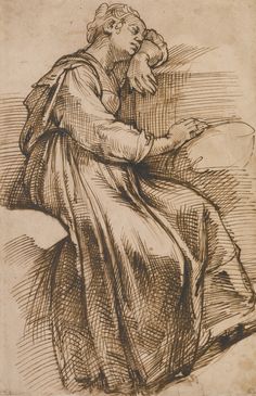 a black and white drawing of a woman sitting down