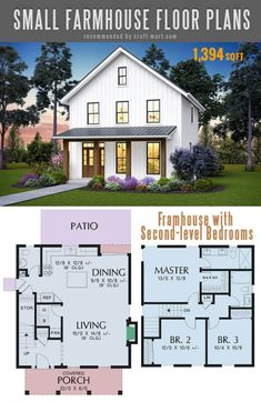 two story house plan with second level bedroom and living room in the middle, small farmhouse floor plans