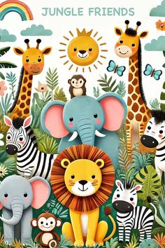 the jungle friends poster has animals and giraffes on it's sides