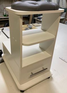 a white shelf sitting on top of a table