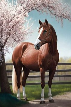 a painting of a brown horse standing in front of a tree with white flowers on it