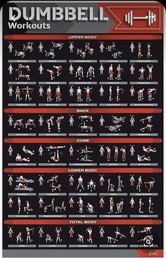 the dumbbell workout poster is shown in red and black