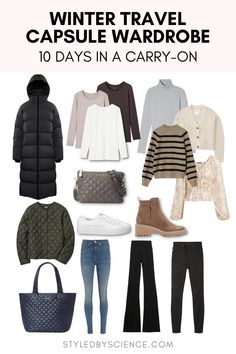 Photo collage featuring pieces for a 10-day travel capsule wardrobe in the winter. Winter Travel Capsule Wardrobe, Winter Capsule Wardrobe Travel, Winter Travel Wardrobe, Travel Capsule Wardrobe, Travel Capsule, Capsule Outfits, Fall Capsule Wardrobe