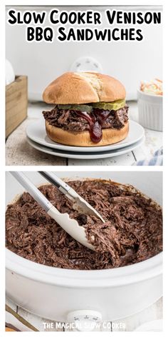 the slow cooker version of bbq sandwiches is ready to be eaten and served