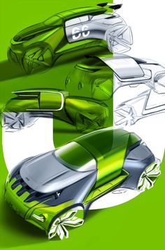 an artistic rendering of a futuristic car with green paint on the side and white background