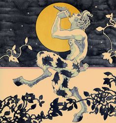 an illustration of a man holding a flute in front of a full moon and flowers