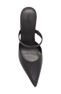 A slender elastic-anchored vamp strap secures the instep of an elegant pointed-toe mule. Synthetic upper, lining and sole Imported Modern Fitted Mules With Pointed Toe, Modern Fitted Pointed Toe Mules, Sleek Fitted Mules With Pointed Toe, Formal Slip-on Mules With Heel Loop, Modern Fitted Mules For Workwear, Sleek Leather Mules Fitted, Sleek Leather Mules, Fitted Closed Toe Mules For Workwear, Leather Pointed Toe Fitted Mules