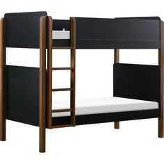 the bunk bed is black and has a white mattress on it's bottom half