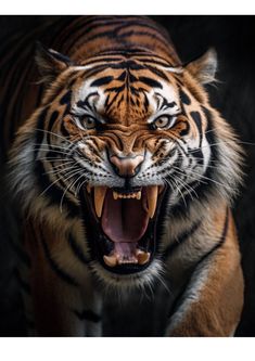 a tiger with its mouth open and it's teeth wide open, showing fangs