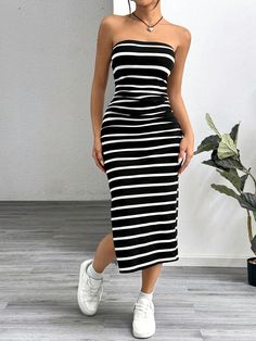 Women Black And White Striped Knitted Strapless Bodycon Dress Black and White Casual  Sleeveless Knitted Fabric Colorblock,Striped Bodycon High Stretch  Women Clothing, size features are:Bust: ,Length: ,Sleeve Length: Casual Strapless Bodycon Dress, Casual Black Strapless Spring Dress, Casual Black Strapless Dress For Spring, Black Strapless Casual Dress For Spring, Black Strapless Mini Dress For The Beach, Black Stretch Bandeau Bodycon Dress, Black Strapless Bodycon Dress For Spring, Black Bandeau Strapless Dress, Black Strapless Beach Dress