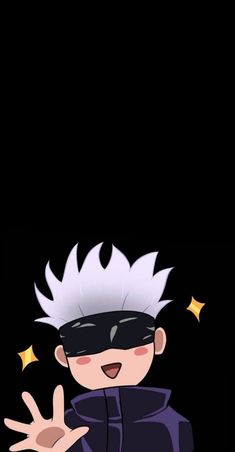 an anime character with white hair wearing a black mask and holding his hand up in the air