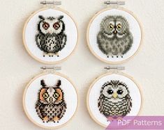 four cross - stitch owl pictures hanging on a wall with text overlay that reads, free pattern