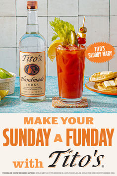 a poster advertising an alcoholic drink and some other items on a table with the words, make your sunday a fun day with tios