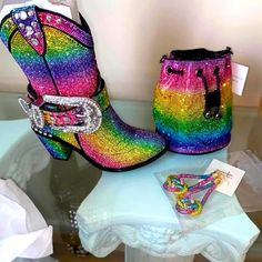 Multi Colored Rhinestone Rainbow Boots From Dolls Kill Bought But Never Worn (Boots Only) No Box Rhinestone Cowgirl Boots, Neon Boots, Rainbow Boots, Texas Cowgirl, Rainbow Heels, Worn Boots, Dolls Kill Shoes, Hippie Boots, Unique Boots