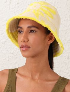 The Jacquard Towel Bucket Hat in Yellow/Cream from our Summer Swim 2024 Collection. A cotton bucket hat featuring topstitching around the brim and ventilation in the crown. Yellow Cotton Bucket Hat With Short Brim, Yellow Cotton Brimmed Bucket Hat, Yellow Brimmed Cotton Bucket Hat, Yellow Cotton Bucket Hat With Curved Brim, Yellow Cotton Wide Brim Bucket Hat, Yellow Wide Brim Cotton Bucket Hat, Yellow Wide Brim Cotton Hat, Resort Accessories, One Piece Clothing