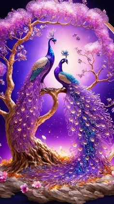 two peacocks standing next to each other in front of a purple background with flowers