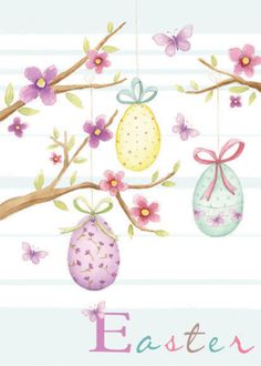 an easter card with eggs hanging from a tree branch and flowers on the branches, which are painted in pastel colors