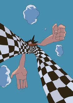 two hands reaching up towards each other in the air with checkered fabric covering them