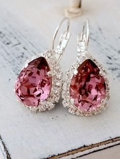 Earring Bridal, Pink Crystal Earrings, Bridal Earring, Pink Things, Earring Silver, Halo Earrings, Antique Pink, Pink Jewelry