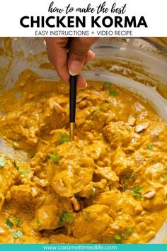 chicken korma in a bowl with text overlay