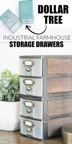 the dollar tree industrial farmhouse storage drawers are stacked on top of each other with text overlay