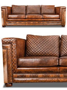 two brown leather couches side by side