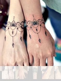 two girls with matching tattoos on their arms and hands, both holding each other's hand