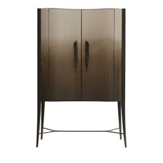 a metal cabinet with two doors and handles on the front, against a white background