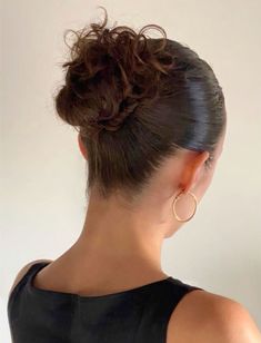 Braided Bun Aesthetic, Sleek Twisted Bun, Slick Back Hairstyles Aesthetic, Slick Back Bun Brown Hair, Sleek Back Bun Curly Hair, Slick Back Bun Aesthetic, Slick Back Bun Curly Hair Middle Part, Cute Slick Back Bun Hairstyles, Sleeked Back Hairstyle