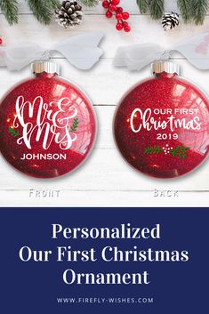 two personalized christmas ornaments hanging from a tree