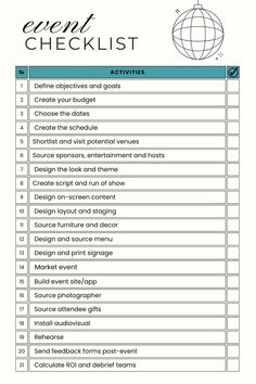 Event checklist with activities to start planning a corporate event such as define goals, create budget, shortlist venues and post-event activities such as send feedback forms. There is a box to check each of these tasks off when completed. Event Planning Technique, Event Planner Checklist, Event Management Ideas, Restaurant Checklist, Wedding Vendors Checklist, Empowerment Event, Event Planning Board, Stakeholder Engagement, Event Planning Checklist Templates