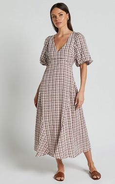 Jameela Midi Dress - V Neck Short Puff Sleeve Godet A Line Smock Dress in Chocolate Gingham | Showpo USA Fitted V-neck Midi Dress For Picnic, Fitted V-neck Plaid Dress For Spring, Fitted Gingham Plaid Dress With V-neck, Chic V-neck Dresses For Picnic, Gingham Dress With Smocked Bodice And Short Sleeves, Gingham Short Sleeve Dress With Smocked Bodice, Short Sleeve Gingham Dress With Smocked Bodice, Spring Plaid V-neck Dress, V-neck Puff Sleeve Dress For Brunch