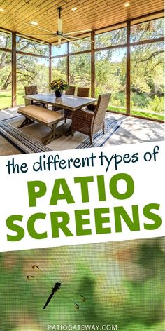 the different types of patio screens are shown in this image and there is also an advertisement for