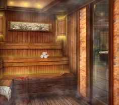 the interior of a wooden sauna with two teddy bears