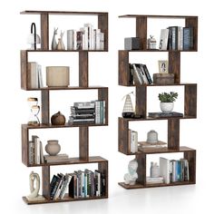 two bookshelves with different types of books on them