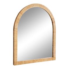 an arched wooden mirror on a white background