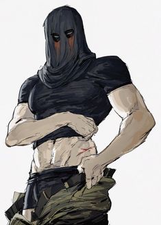 a drawing of a person in a black shirt with a hood over their head and hands on his hips