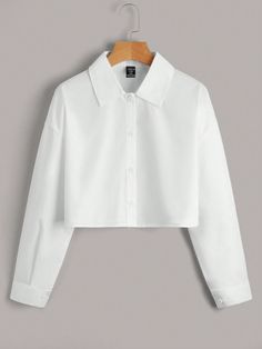 Plus Drop Shoulder Crop Shirt White Casual  Long Sleeve Woven Fabric Plain Shirt Non-Stretch Spring/Fall Women Plus Clothing, size features are:Bust: ,Length: ,Sleeve Length: White Elegance, White Collared Shirt, Style Japonais, Girls Blouse, Plain Shirts, Crop Blouse, Plus Size Blouses, Crop Shirt, Shirt Sale