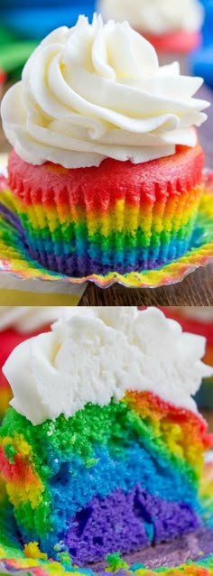 there are two cupcakes with white frosting and rainbow icing on them