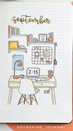 an open notebook with a drawing of a desk