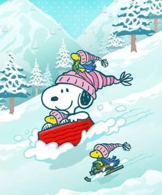 a cartoon character riding a sled down a snow covered slope next to another person