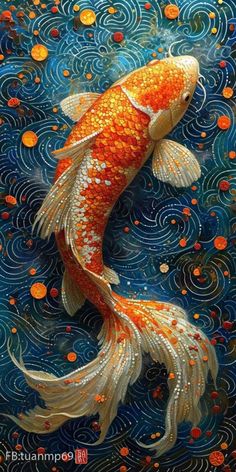 a painting of a goldfish in blue water with orange circles on it's surface