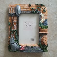 Lovely Picture Frame For The Avid Gardener! 3-D Sculpture Like Garden Wall With Garden Implements Surrounding Frame Opening For 3.5" X 5" Photo. Garden Picture, Picture Frame Colors, Garden Pictures, Garden Wall, White Silver, Picture Frame, Home Accents, Picture Frames, 3 D