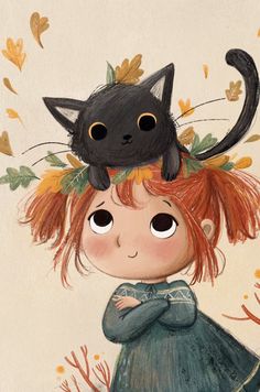 a drawing of a girl and a black cat on her head with leaves in the background