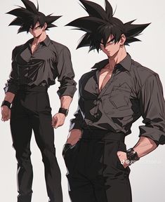 two male anime characters standing next to each other in front of a white background with black hair