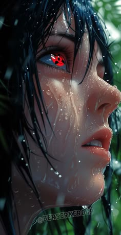 a woman's face with red eyes in the rain